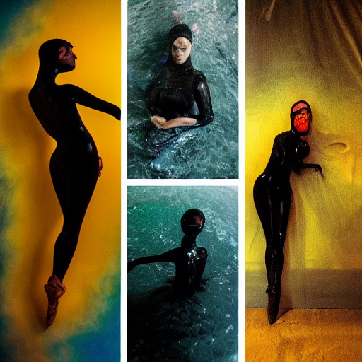 prompthunt: two abstract beautiful female body silhouettes, beautiful  acrylic fluid portrait, photography by amy leibowitz, renaissance painting,  black latex female balaclava, female calendar, ballerina body covered with  black water, underwater, old ...