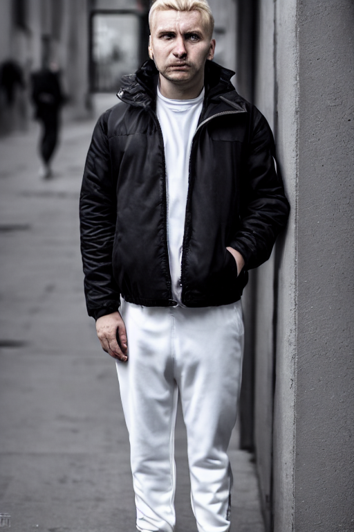 prompthunt: extreme long shot. 35 years old blonde russian man in white  adidas pants. black letaher jacket. white sneakers. hangover face. staying  on the street. warm light. 4k, 8k, hyprerealistic, extreme high