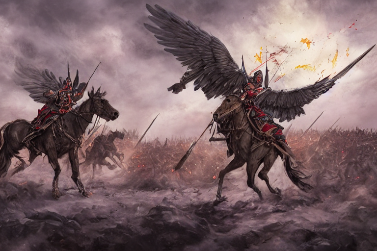Majestic powerfull big white wings Winged Hussars cavalry horde charging at ugly colour demons and trolls on ground, huge golden cross above them on the sky, wings lightning bright from heavens, blood, snow, wide angle, thunders, magic, dramatic lighting, intricate, wild, highly detailed, digital painting, artstation, concept art, smooth, sharp focus, illustration, art by artgerm and greg rutkowski and alphonse mucha, footage from space camera
