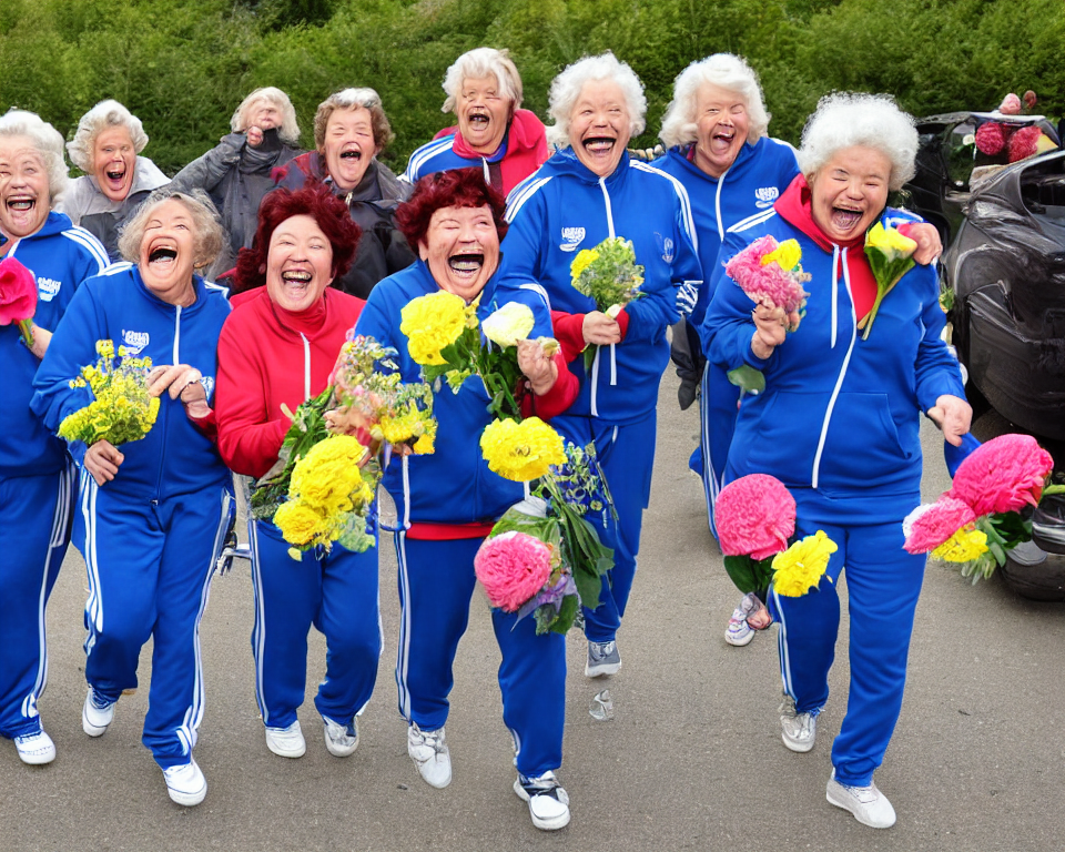 prompthunt a gang of old ladies frying pans and carrying flowers