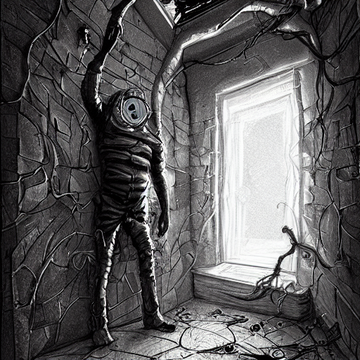 the man stuck in the wall, creepy explorer sketch, godlike design, concept art, eldritch, grand scale, intricate detailed