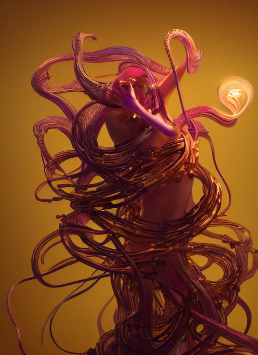 prompthunt: subsurface scattering, medusa made of soft wax, cgsociety,  translucent, wooden art nouveau swirls, colored smoke, gold cables,  electricity, tubes, in the style of ruan jia and beeple and giger, mystical  colors,