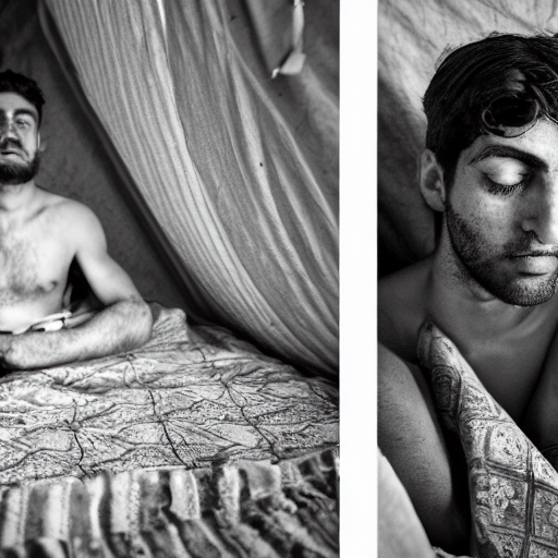 Photograph of Surprised 25 year old man with Mediterranean features in ancient Canaanite clothing wakes up in bed, shocked looking at his sleeping wife. Interior ancient tent. 40mm lens, shallow depth of field, split lighting