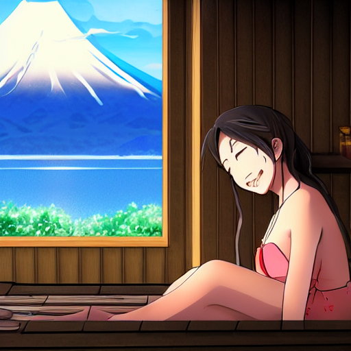 prompthunt: moescape anime key visual of a slice of life girl relaxing in a  sauna, mount fuji in the background, pixiv