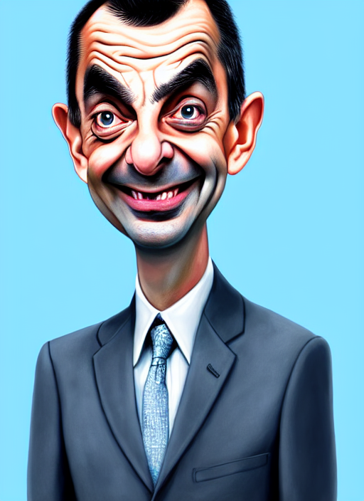 highly detailed caricature portrait of mr bean by ross tran, by anato finnstark, brush strokes, 4 k resolution, light blue pastel background