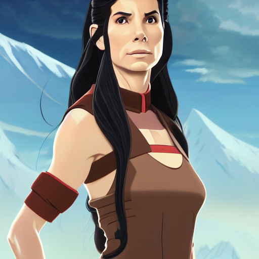 prompthunt Portrait of Sandra Bullock as Katara, hair loops, hair