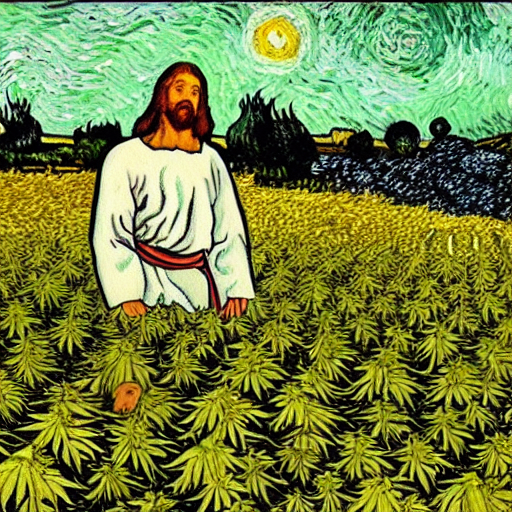 jesus spreads his hands against the background of growing cannabis. an oil painting in the style of van gogh