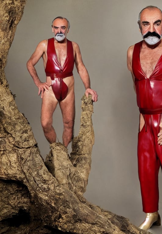 prompthunt: The full figure portrait is of the actor sean connery. He is  wearing the red leather mankini from the film zardoz beneath the robes of  the imperial emperor from star wars.