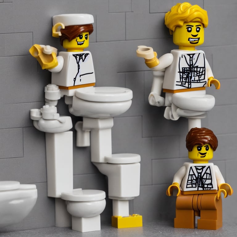 prompthunt: a lego figure of a man, sitting on a toilet with his pants  down. there is a stream of lego bricks coming out of his behind