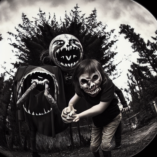 prompthunt: A selfie of a fleshy-carrion monster trick or treating with a  demon, fisheye lens photography, with a spooky filter applied, in a  Halloween style.