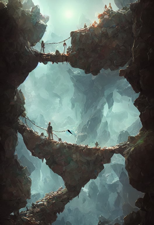 prompthunt: android crossing a rickety rope bridge looking up at a mountain  of crystal and gemstone, foggy at night, digital art, artstation, dramatic  lighting, forced perspective, vibrant and stylized
