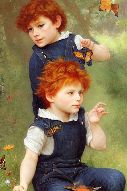 prompthunt: a little boy with ginger hair wearing denim overalls chasing  butterflies. clean elegant painting, beautiful detailed face, lots of  butterflies. by bouguereau and artgerm and greg rutkowski