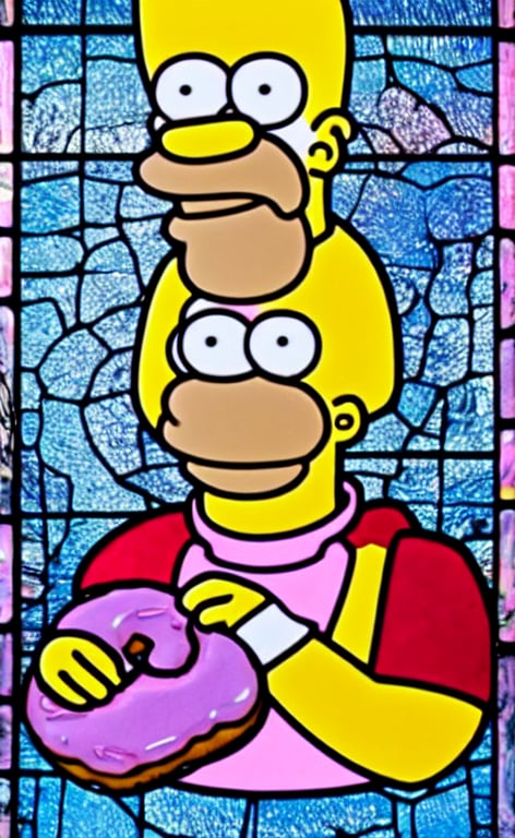 prompthunt: stained glass of Saint Homer Simpson, wearing a robe, holding a  donut with pink icing, blessing, halo, peaceful, sunlight shines through,  award winning photograph