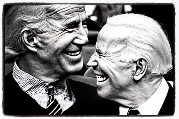 “ very very intricate photorealistic photo of the devil and joe biden laughing together, detailed natural lighting, award - winning crisp details ”