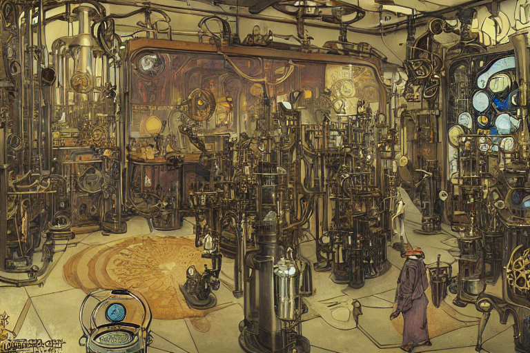 steampunk lab room filled with clocks and alchemy equipment, mad scientist working, giant screens, sci - fi vending machine, concept art by mucha