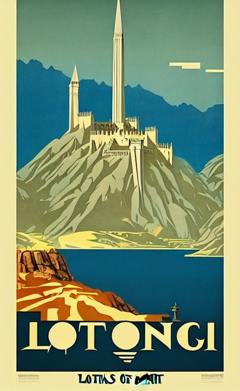 prompthunt: art deco travel poster. visit minas tirith, lord of the rings