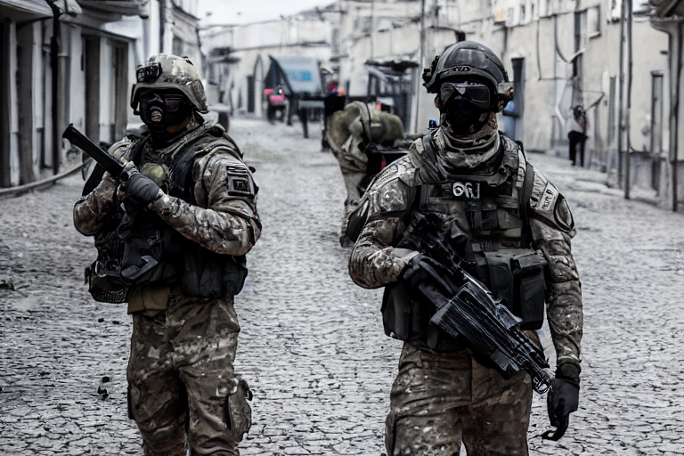 prompthunt: Mercenary Special Forces soldiers in grey uniforms with black  armored vest and black helmets in urban warfare in Russia 2022, Canon EOS  R3, f/1.4, ISO 200, 1/160s, 8K, RAW, unedited, symmetrical