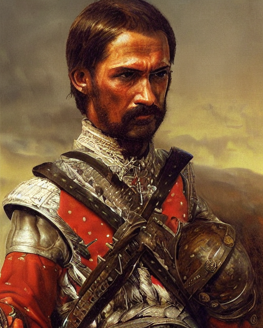 portrait of a spanish conquistador in battle, by daniel zrom, facial features, handsome
