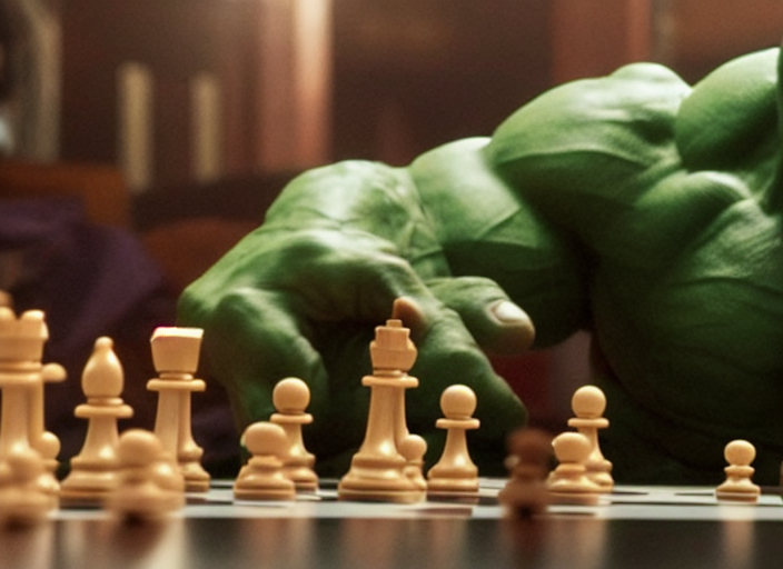KREA - film still of hulk playing chess in the new avengers movie, 4 k