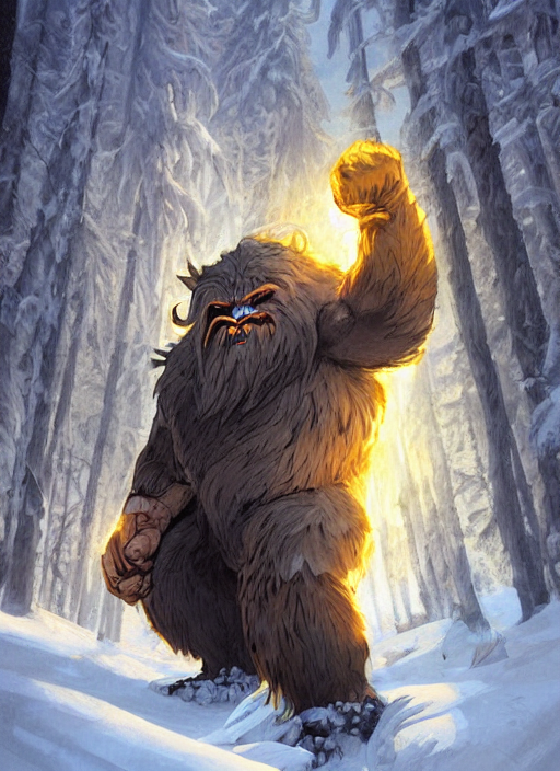 prompthunt giant muscular yeti monster with glowing yellow eyes and