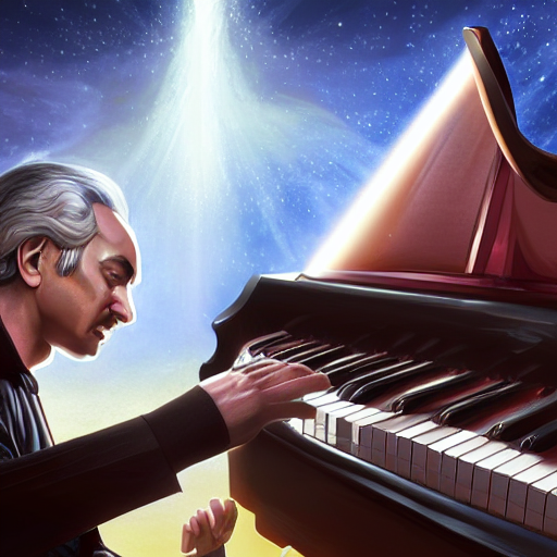 prompthunt: A picture of Mozart playing the piano with beethoven singing a  heavy metal song, digital painting, 4k, rays of light, particles light,  artstation by Noah Bradley