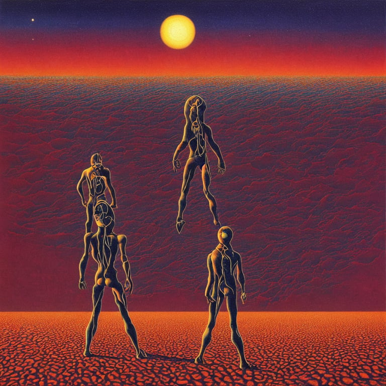 prompthunt: high detailed lone person looking to its dying planet on a  progressive rock 70s 80s album cover style by Barry Godber, psychedelic,  oil paint on canvas, moebius, incal, realistic art, evangelion