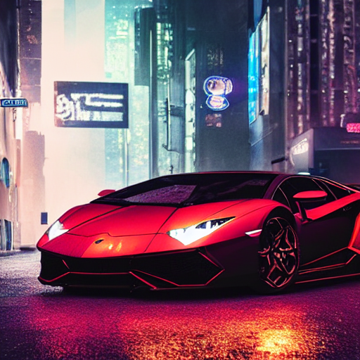 prompthunt: Lamborghini in a cyberpunk street, realistic, high details,  rain, night, 4k