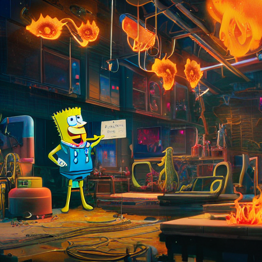 prompthunt: spongebob looking at the krusty krab, high tech, cyberpunk,  dystopian, jellyfish phoenix dragon, butterfly squid, burning halo,  intricate artwork by Tooth Wu and wlop and beeple, greg rutkowski, very  coherent symmetrical