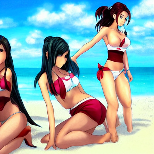 prompthunt: beautiful aerith and tifa and jessie from final fantasy in a  bikini on the beach making eye contact drawn by sakimichan