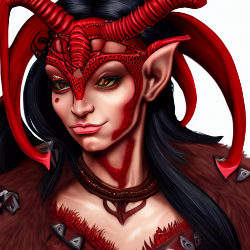portraif of a beautiful female red skin tiefling from dungeons and dragons wearing armour, black long hair, intricate details