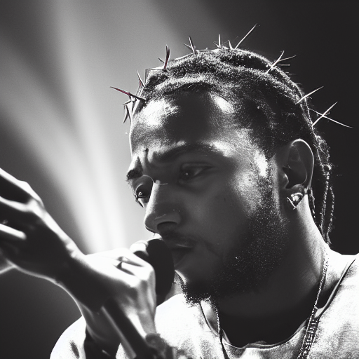 prompthunt: A closeup photo of Kendrick Lamar wearing a crown of thorns  with tears running down his eyes, 8K, black and white