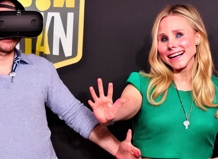 prompthunt: first person vr video, photograph of my hand touching kristen  bell's fat chubby belly, her belly is fat and round, 8 k, sharp, detailed
