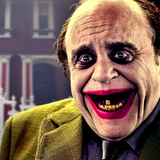 prompthunt: Danny Devito as The Joker, still image from Batman movie, shot  of face