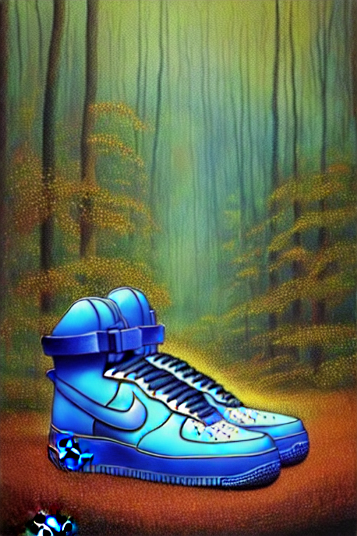 prompthunt: realistic detailed painting of a pair of nike air force one  sneakers, futuristic sci-fi forest on background by Moebius, rich moody  colours, blue eyes