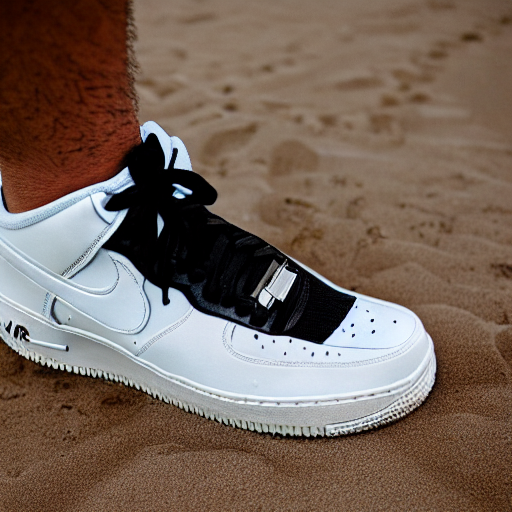 prompthunt: person photographs his white nike air force one sneaker on a  beach, wearing a black jeans, color film photography, 3 5 mm,