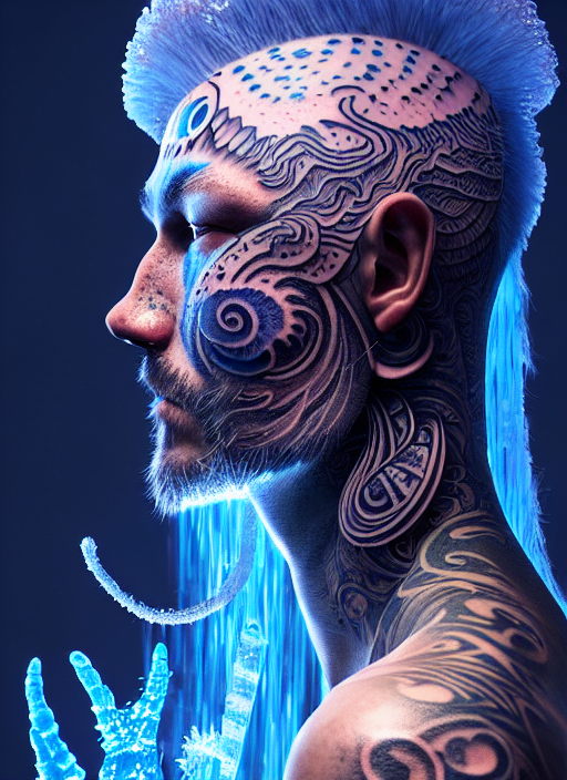 prompthunt: 3 d shaman with tattoos profile portrait, sigma 5 0 0 mm f / 5. beautiful intricate highly detailed face and hairs. bioluminescent, plasma, frost, water, wind, creature, gradient background, thunderstorm!