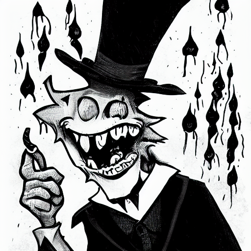 prompthunt: a Pop Wonder scary horror themed goofy-hilarious-character Mad- Hatter-babadook-wearing a scarf, 3-piece-suit, dime-store-comic drawn with  charcoal and pen and ink, half-tone-line-stacking
