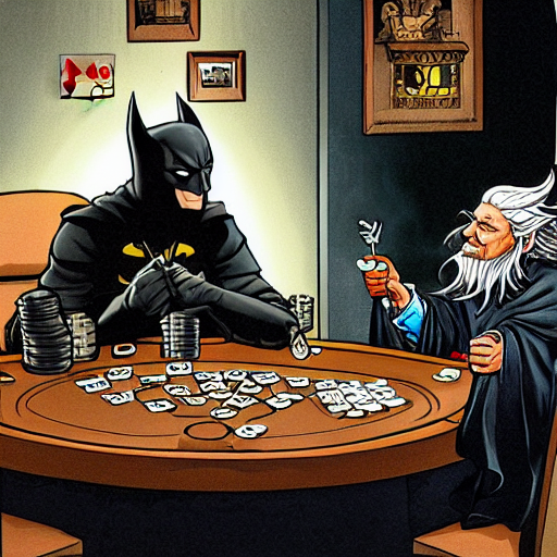 prompthunt: Batman playing poker with Gandalf the Grey