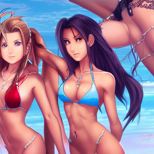 beautiful aerith and tifa and jessie from final fantasy in a bikini on the beach making eye contact drawn by artgerm