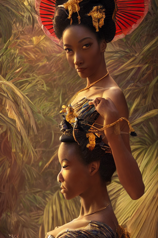 prompthunt: stunningly beautiful, nubian geisha prima ballerina in jungle,  symmetrical face, golden hour, smooth, focus, highly detailed, hyper  realistic, dramatic lighting, elegant, intricate, concept art, art by wlop,  mars ravelo, greg rutowski,