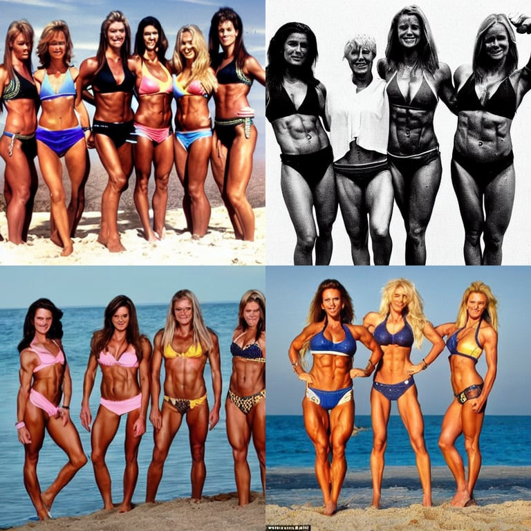 prompthunt: the Swedish bikini team after using steroids and pumping iron  for 6 years