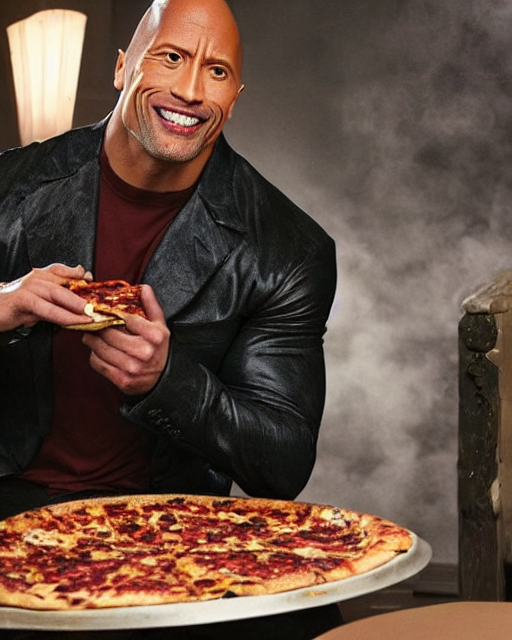 Dwayne Johnson eating a pizza whilst a huge explosio