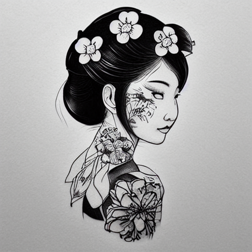 prompthunt: tattoo design, stencil, tattoo stencil, traditional, beautiful  portrait of a Japanese girl with flowers in her hair, upper body, by  artgerm, artgerm, artgerm, digital art, cat girl, anime eyes, anime, Belle