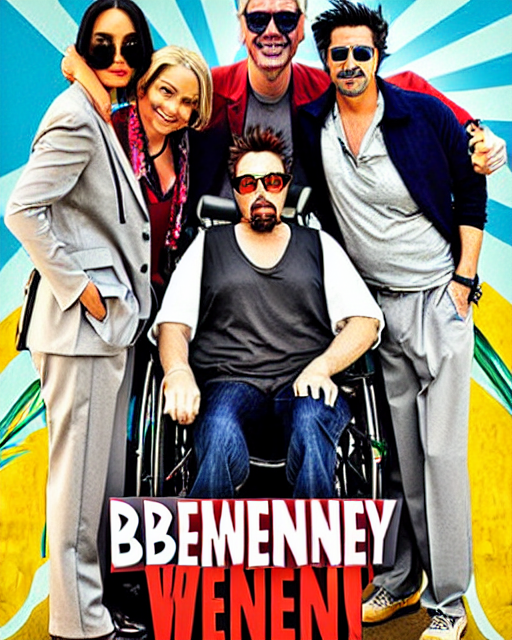 prompthunt: movie poster for weekend at bernie's 3, robert downey jr in a  wheelchair with dark sunglasses, pallid grey facial flesh, cinematic  lighting, rigor mortis inanimate corpse in a wheelchair, movie poster