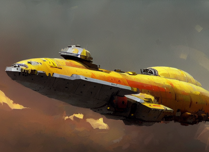 prompthunt: a painting of a futuristic yellow submarine plane flying ...