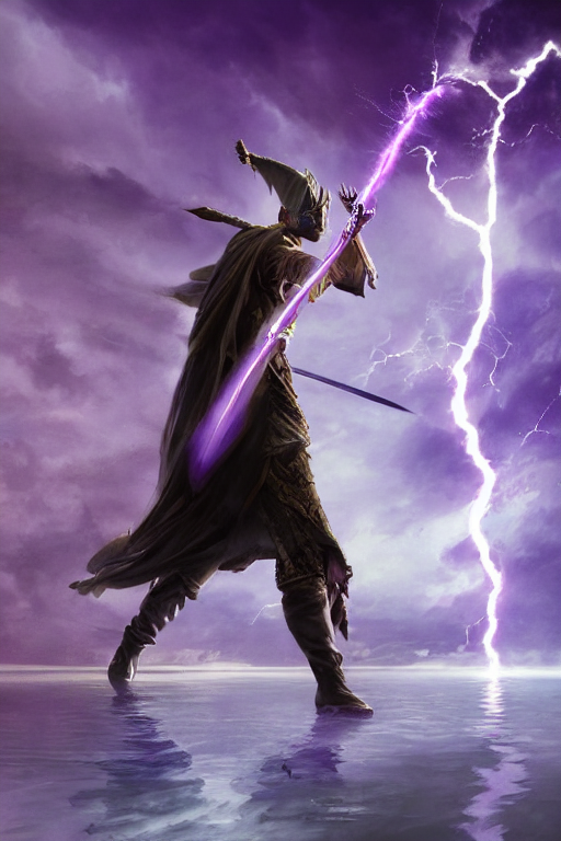 prompthunt: fantasy, hyper realistic mystical wizard holding a sword that's  pointed towards the sky, sword is getting shocked by purple lightning,  wizard is levitating over a lake, reflection, octane, trending on  artstation,