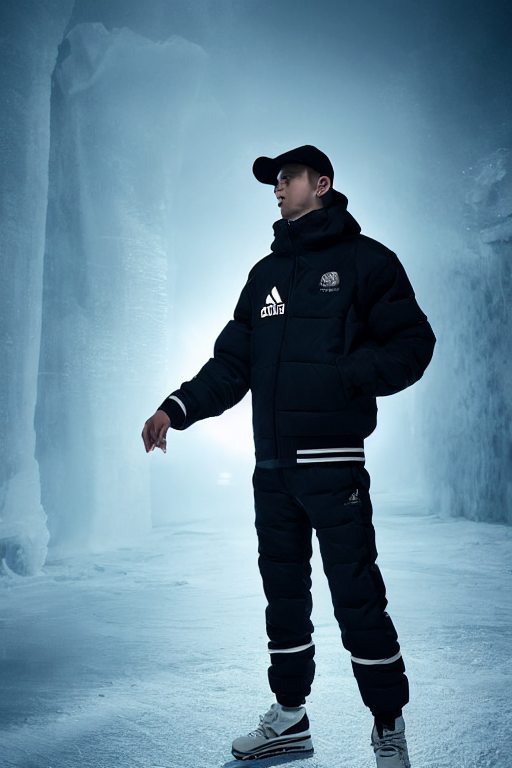prompthunt: ice translucent gopnik man in winter Adidas jacket sportswear a  dramatic atmosphere and light smoke, hyper realistic, photography,  cinematic scene from a movie, volumetric lights, lots of details, 4K,  photorealistic