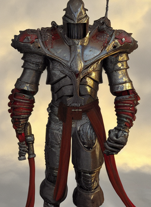 prompthunt Fantasy Iron golem with a massive sword and a red cloak by