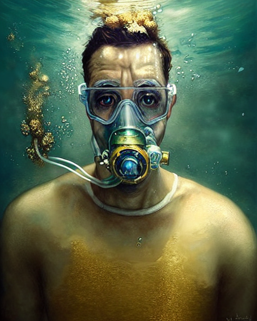prompthunt: a man wearing oxygen mask underwater, has gold, silver with sea  background intricate details with horror side profile by bastien lecouffe  deharme and Sandra Chevrier, intuitive