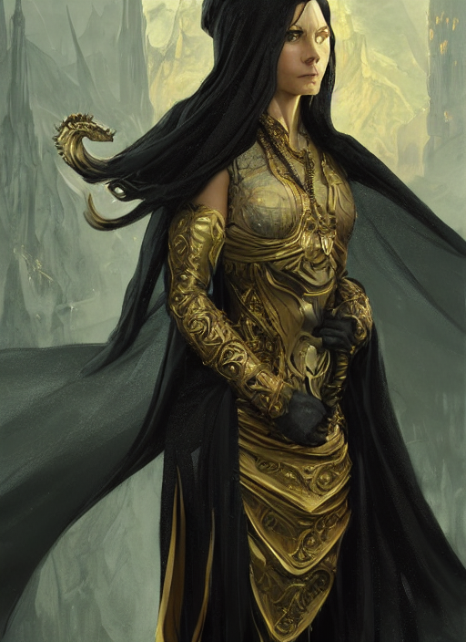 medium-length portrait of a female dragonborn wizard with black scales and golden eyes, wears a dark robe, medieval fantasy setting, highly detailed, digital painting, artstation, concept art, sharp focus, illustration, art by greg rutkowski and alphonse mucha